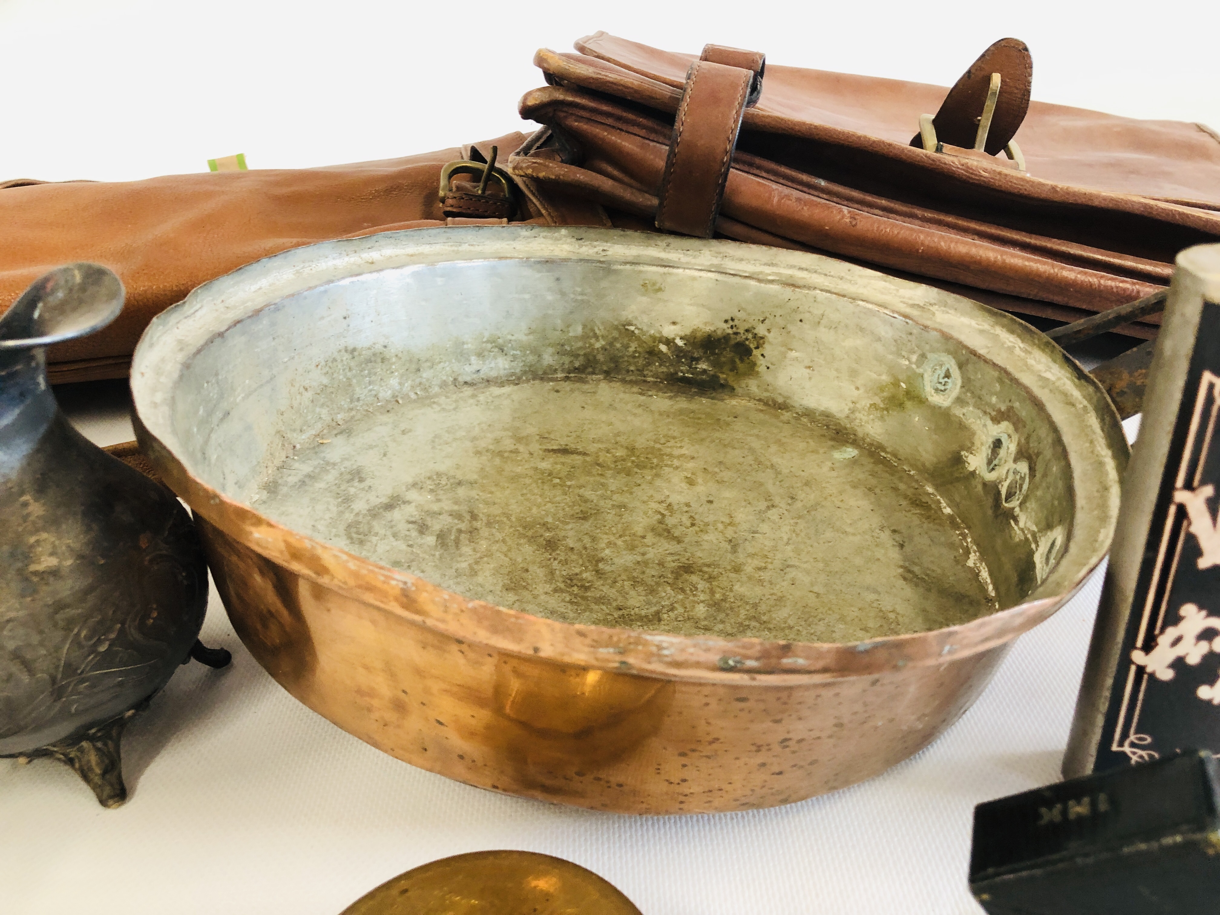 TWO VINTAGE BROWN LEATHER TRAVEL BAGS ALONG WITH COPPER PAN, PAIR OF BRASS CANDLE STICKS ETC. - Image 4 of 9