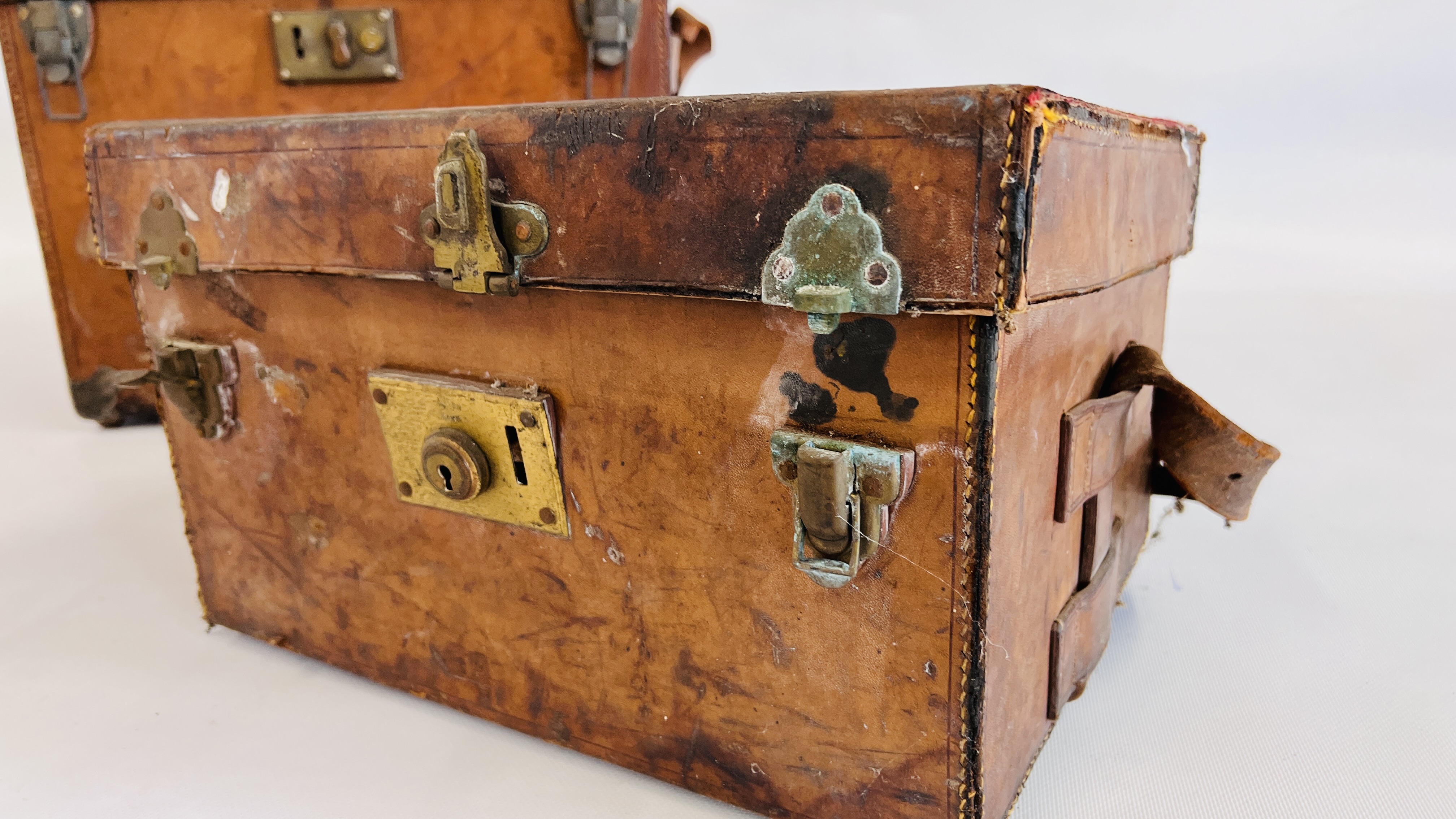 TWO ANTIQUE LEATHER TRANSIT CASES 44 X 28 X 34CM AND 37 X 27 X 22CM. - Image 3 of 11