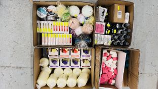 BANKRUPTCY STOCK - 4 X BOXES CONTAINING SCENTED CANDLES, BATH BOMBS, HAIR CARE PRODUCTS,