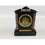 SLATE MANTEL CLOCK WITH MARBLE INLAID DETAIL, THE MOVEMENT STAMPED G.B WITH PENDULUM AND KEY.