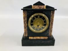 SLATE MANTEL CLOCK WITH MARBLE INLAID DETAIL, THE MOVEMENT STAMPED G.B WITH PENDULUM AND KEY.