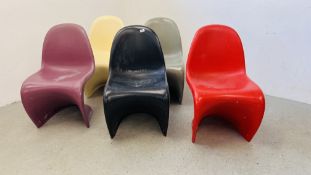 FIVE MODERN DESIGNER COMPOSITE CHAIRS IN RED, GREY, WHITE, PURPLE AND BLACK.