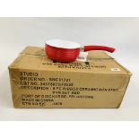 A BOXED AS NEW "STUDIO" 5 PIECE RIBBED CERAMIC NON STICK PAN SET, IN A RED FINISH.