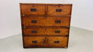 ANTIQUE TWO OVER THREE DRAWER, TWO SECTION CAMPAIGN CHEST - W 99CM. D 46CM. H 97CM.