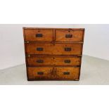 ANTIQUE TWO OVER THREE DRAWER, TWO SECTION CAMPAIGN CHEST - W 99CM. D 46CM. H 97CM.