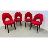 A SET OF FOUR RED UPHOLSTERED DINING CHAIRS.
