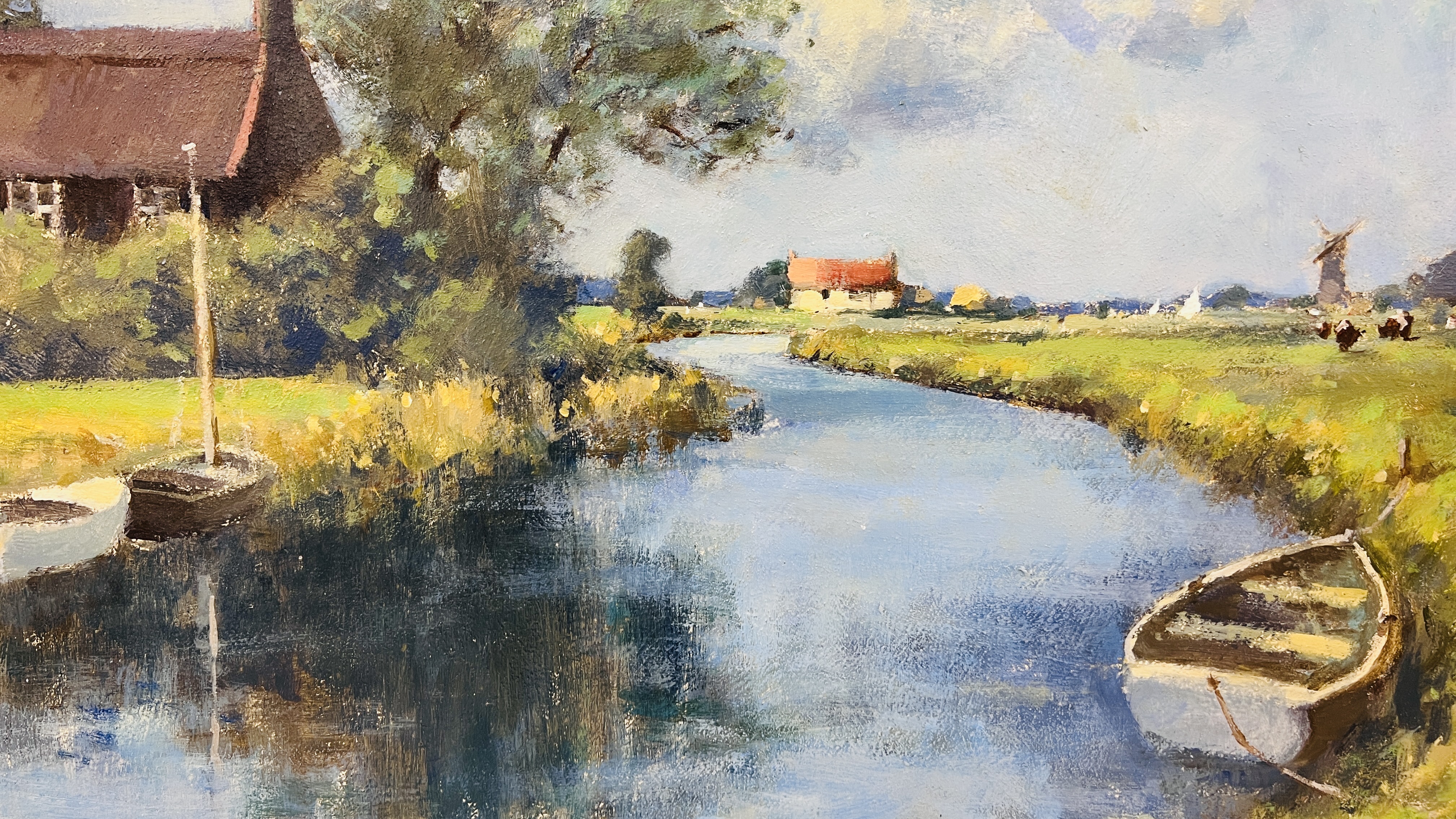 OIL ON BOARD "WEST SOMMERTON" RIVER SCENE BEARING SIGNATURE OWEN WATERS 37.5 X 49.5CM. - Image 2 of 5