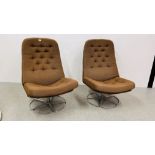 A PAIR OF 1970'S SWEDISH STYLE LOUNGER CHAIRS ON A CHROME FINISH SWIVEL BASE.