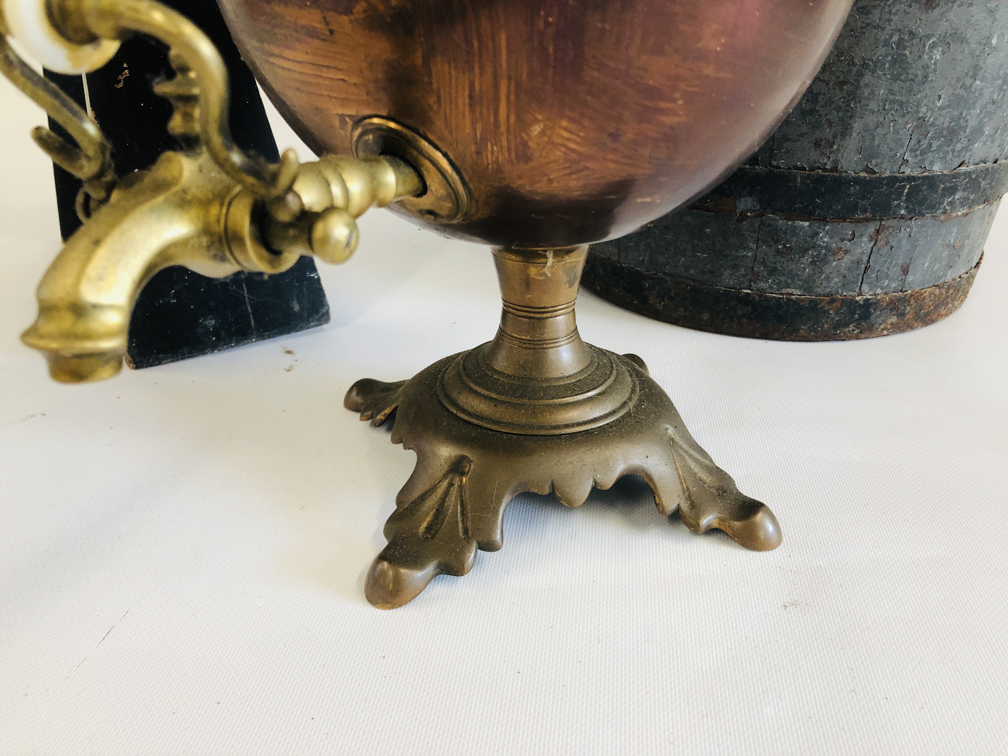 VINTAGE METAL BOUND BUCKET MARKED JCM AND MINIATURE OAK BARREL ON STAND AND COPPER FINISH SAMOVAR. - Image 4 of 11