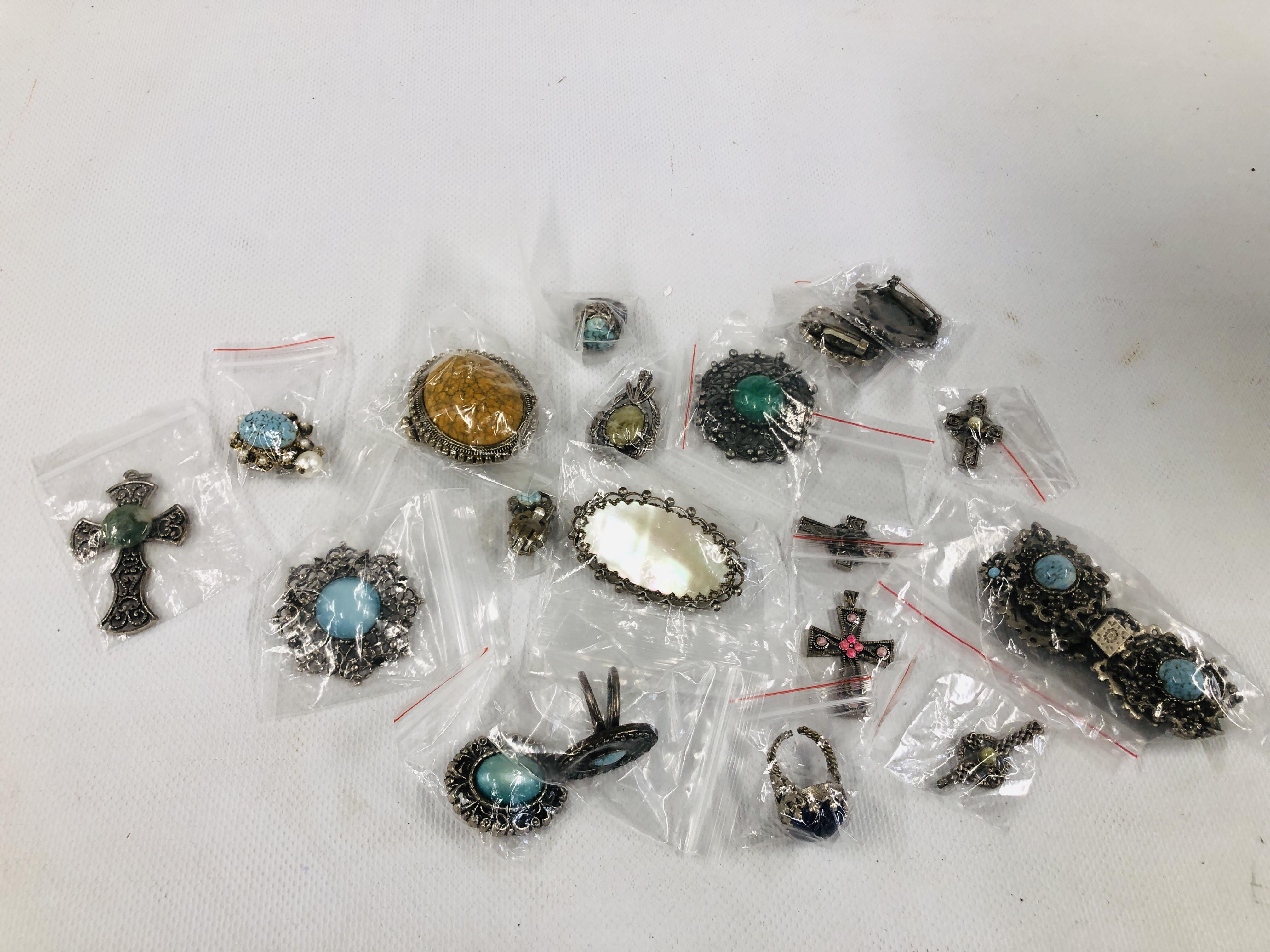 VINTAGE AND RETRO SILVER TONE BROOCHES, RINGS AND PENDANTS ETC.