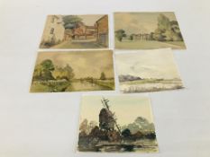 5 UNFRAMED WATERCOLOURS OF IN AND AROUND LOWESTOFT, SCENES FROM THE 1950'S BEARING SIGNATURE J.