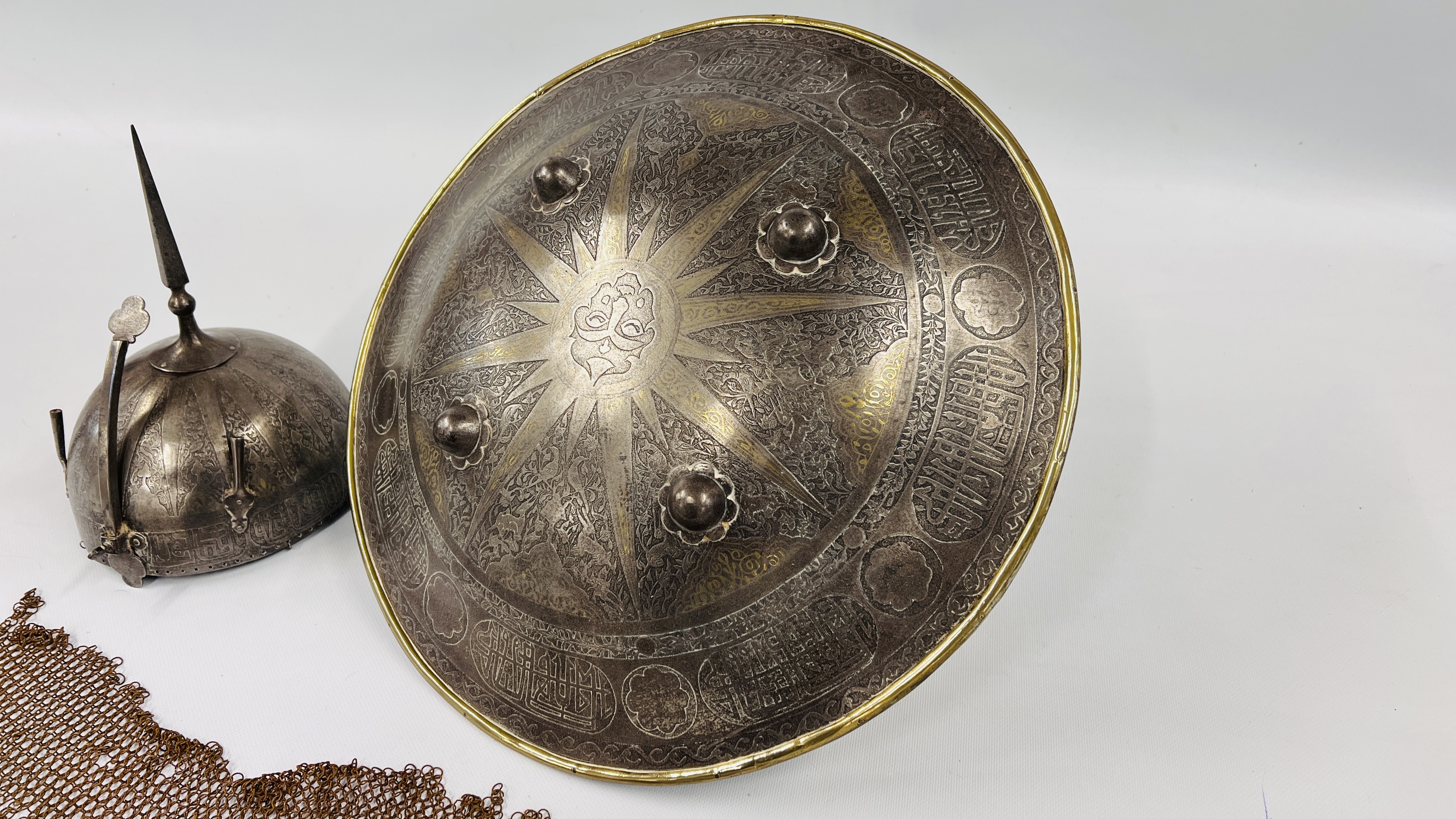 C19th INDO-PERSIAN STYLE DHAL (SHIELD) DECORATED WITH A BAND OF CALLIGRAPHY, STAR AND FACIAL DESIGN, - Image 2 of 21