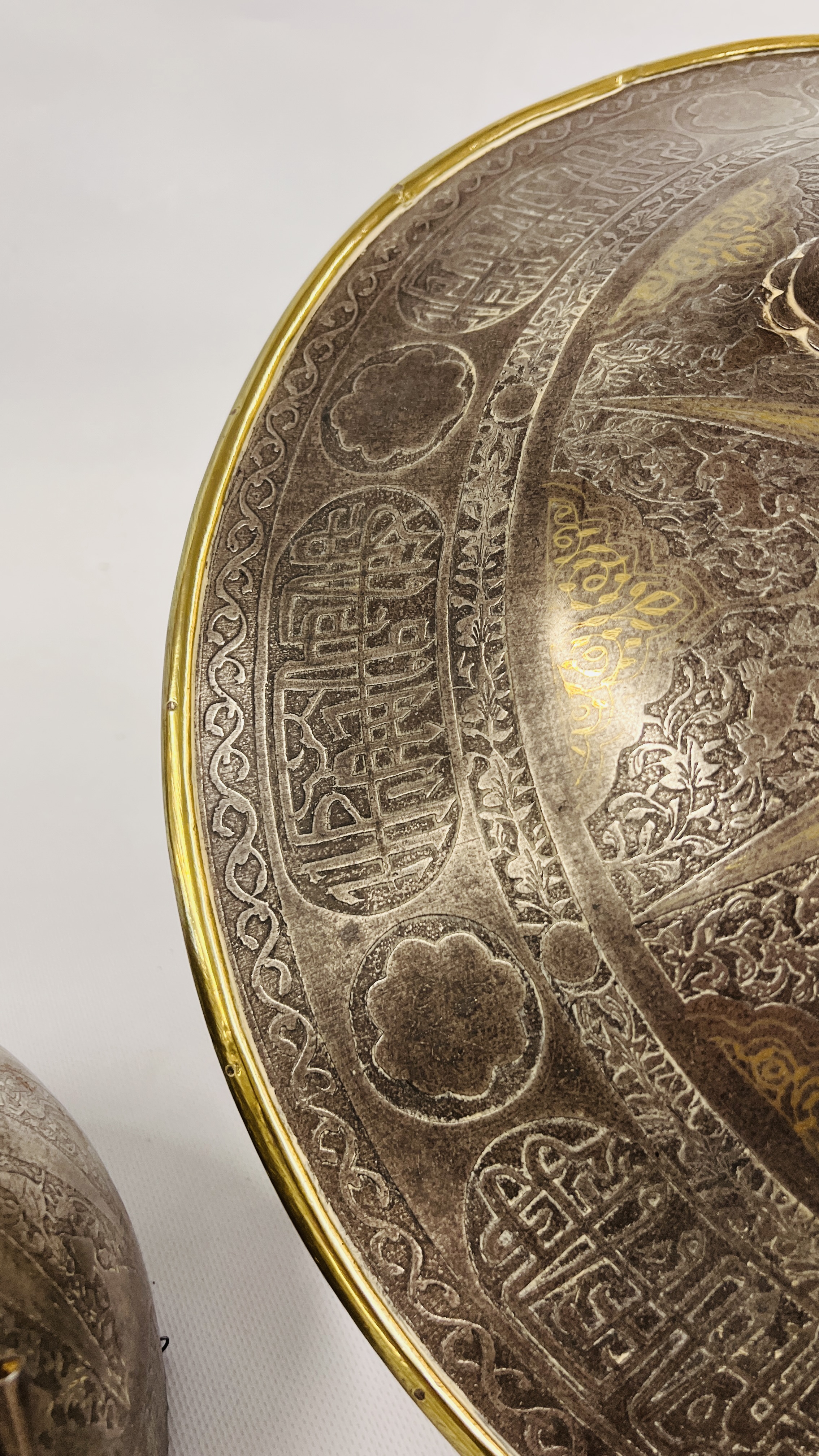 C19th INDO-PERSIAN STYLE DHAL (SHIELD) DECORATED WITH A BAND OF CALLIGRAPHY, STAR AND FACIAL DESIGN, - Image 6 of 21