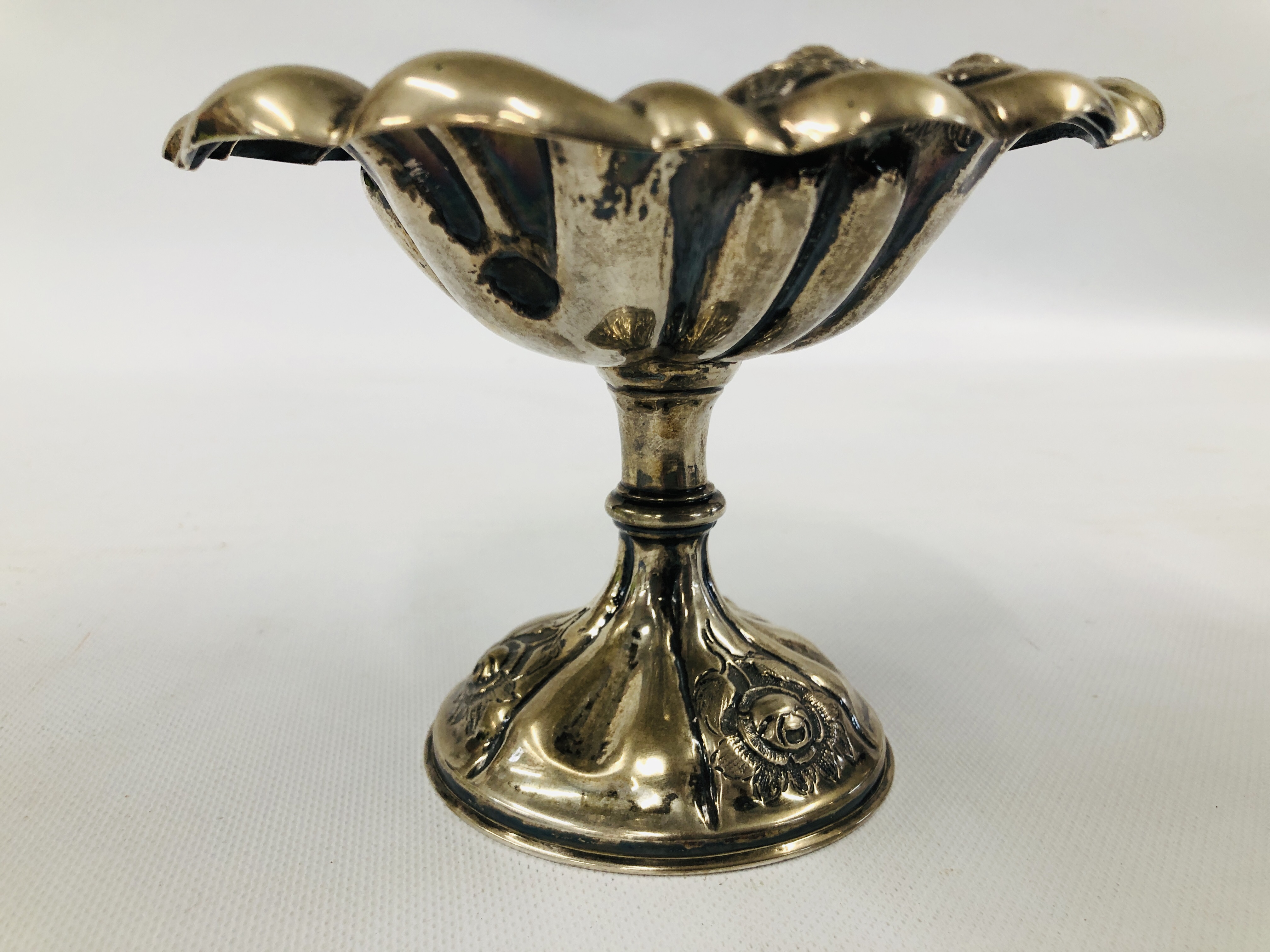 A CONTINENTAL WHITE METAL PEDESTAL SWEETMEAT DISH OF GADROONED FORM, - Image 10 of 13