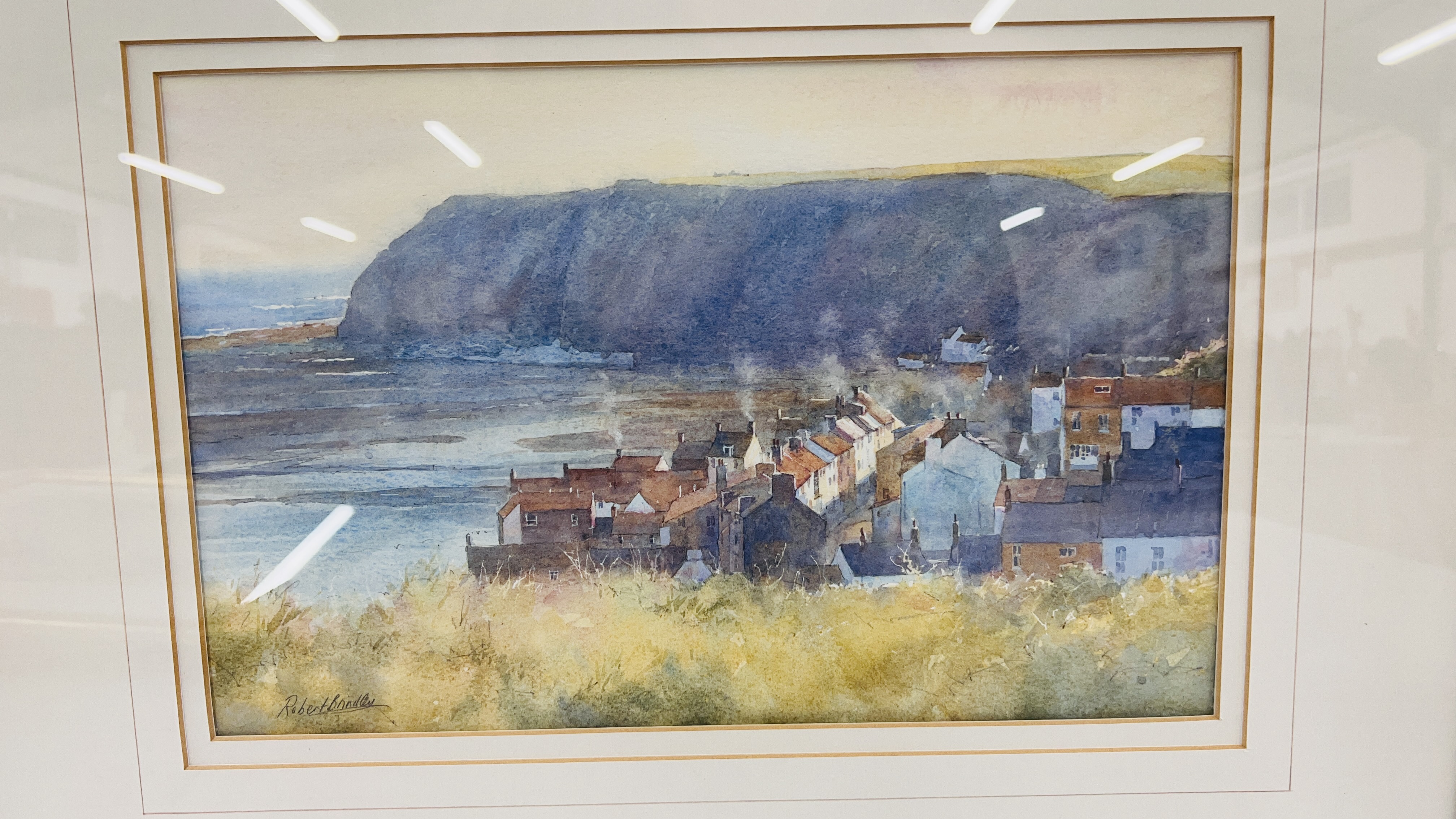 WATERCOLOUR STAITHES "SMOKE AND LIGHT" BEARING SIGNATURE ROBERT BRINDLEY 23 X 35.5CM. - Image 2 of 4