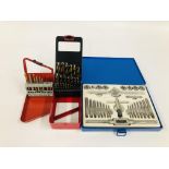 AXMINSTER TAP & DIE SET IN STEEL CARRY CASE ALONG WITH DRILL BIT SET AND CASED REAMING BITS.