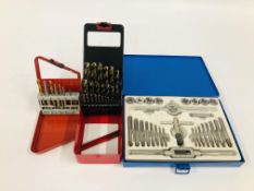 AXMINSTER TAP & DIE SET IN STEEL CARRY CASE ALONG WITH DRILL BIT SET AND CASED REAMING BITS.