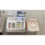 A SHARP ELECTRONIC CASH REGISTER MODEL XE-A303 WITH INSTRUCTION BOOK AND TILL ROLLS - KEYS WITH