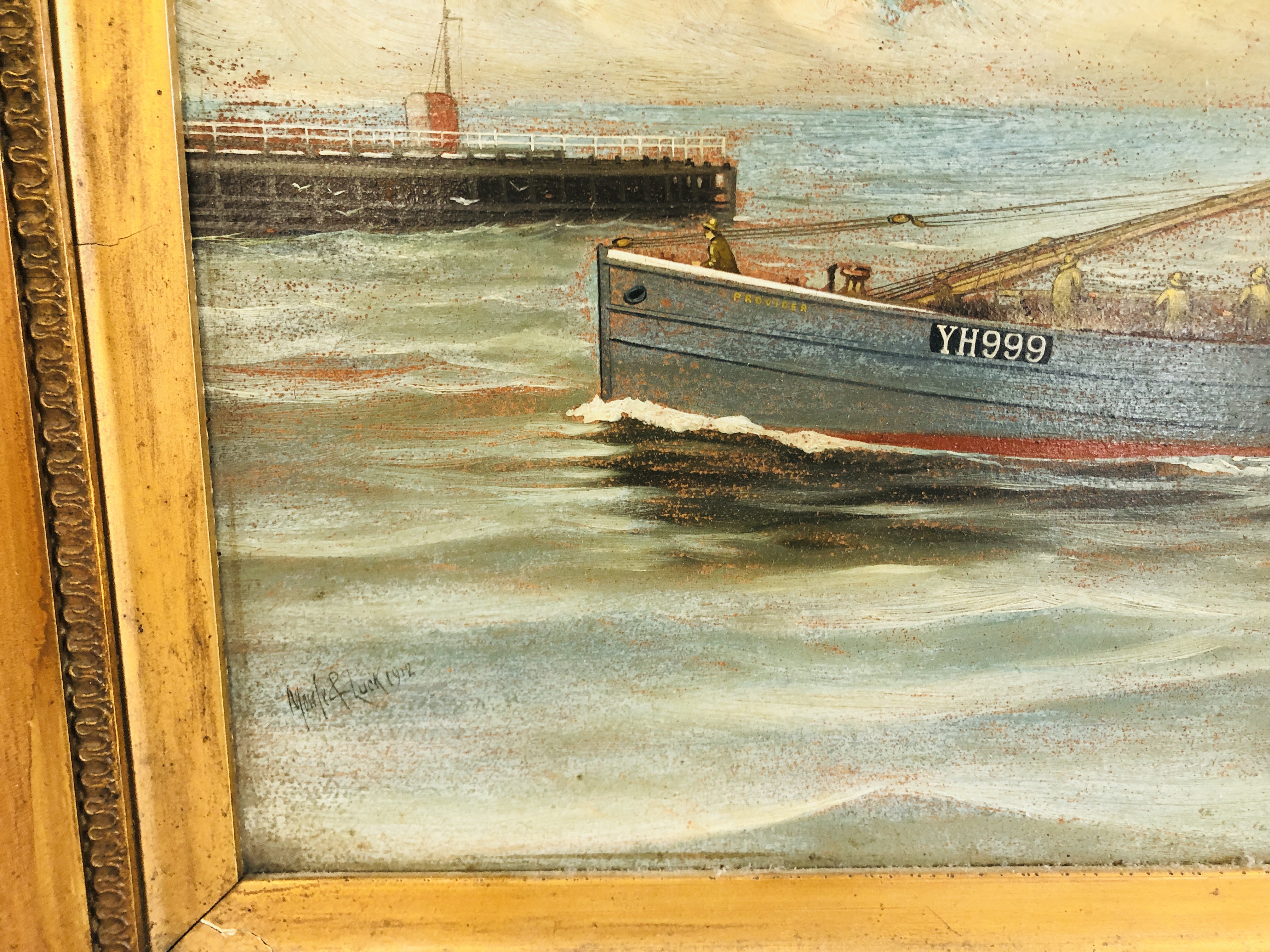 OIL ON BOARD YARMOUTH FISHING TRAWLER "PROVIDER" RETURNING TO HARBOUR BEARING SIGNATURE MOWLE & - Image 4 of 9