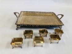 AN ELABORATE VINTAGE SILVER PLATED TWO HANDLED RECTANGULAR TRAY H 6.5CM X W 42.5CM X D 33CM.