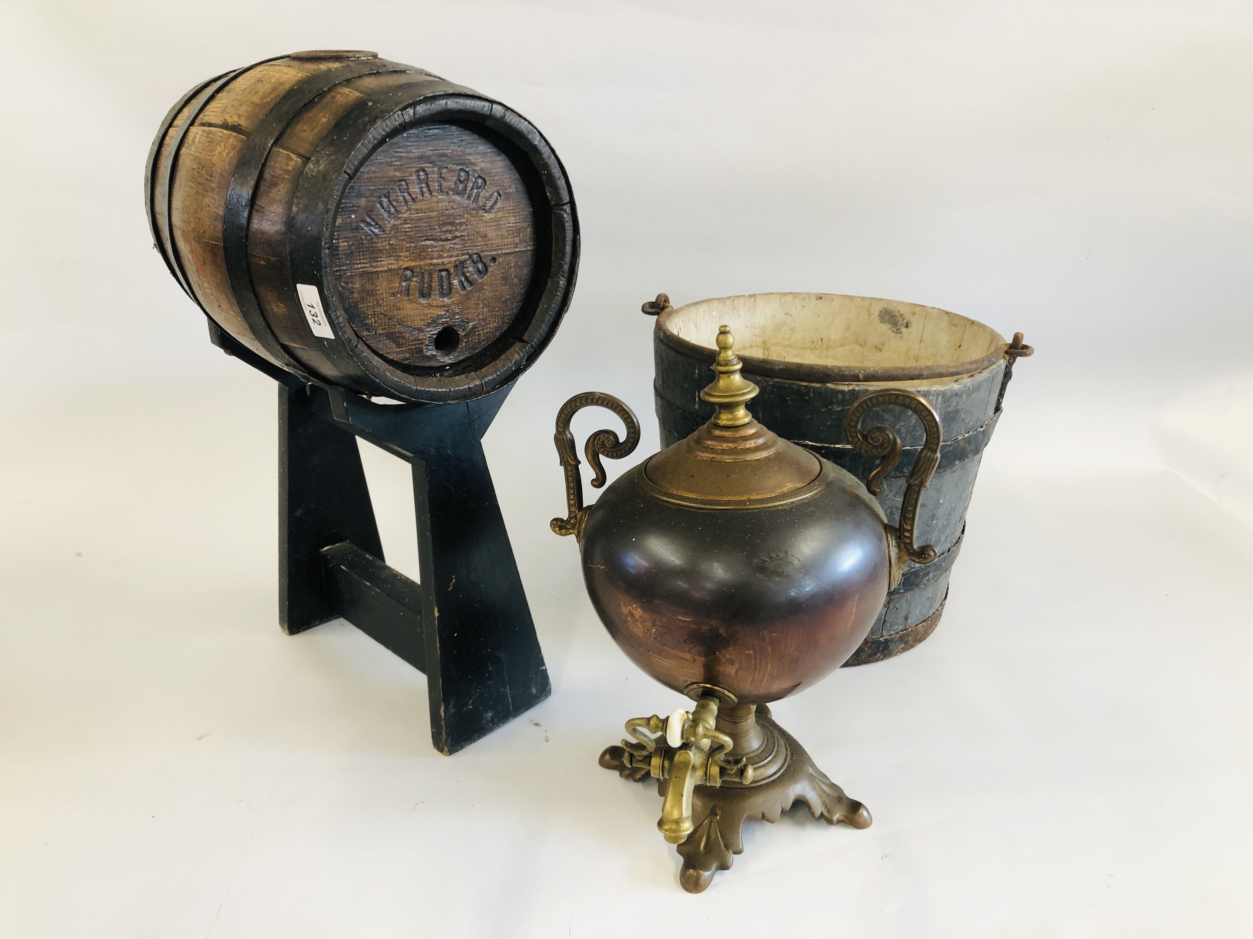 VINTAGE METAL BOUND BUCKET MARKED JCM AND MINIATURE OAK BARREL ON STAND AND COPPER FINISH SAMOVAR.