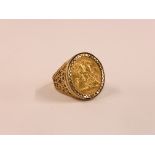 AN 1896 HALF SOVEREIGN IN A 9CT GOLD RING SETTING.