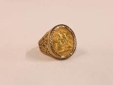 AN 1896 HALF SOVEREIGN IN A 9CT GOLD RING SETTING.