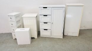 FIVE PIECES OF MODERN WHITE FINISH BATHROOM FURNITURE TO INCLUDE FOUR DRAWER CABINET, 2 X LINEN BOX,