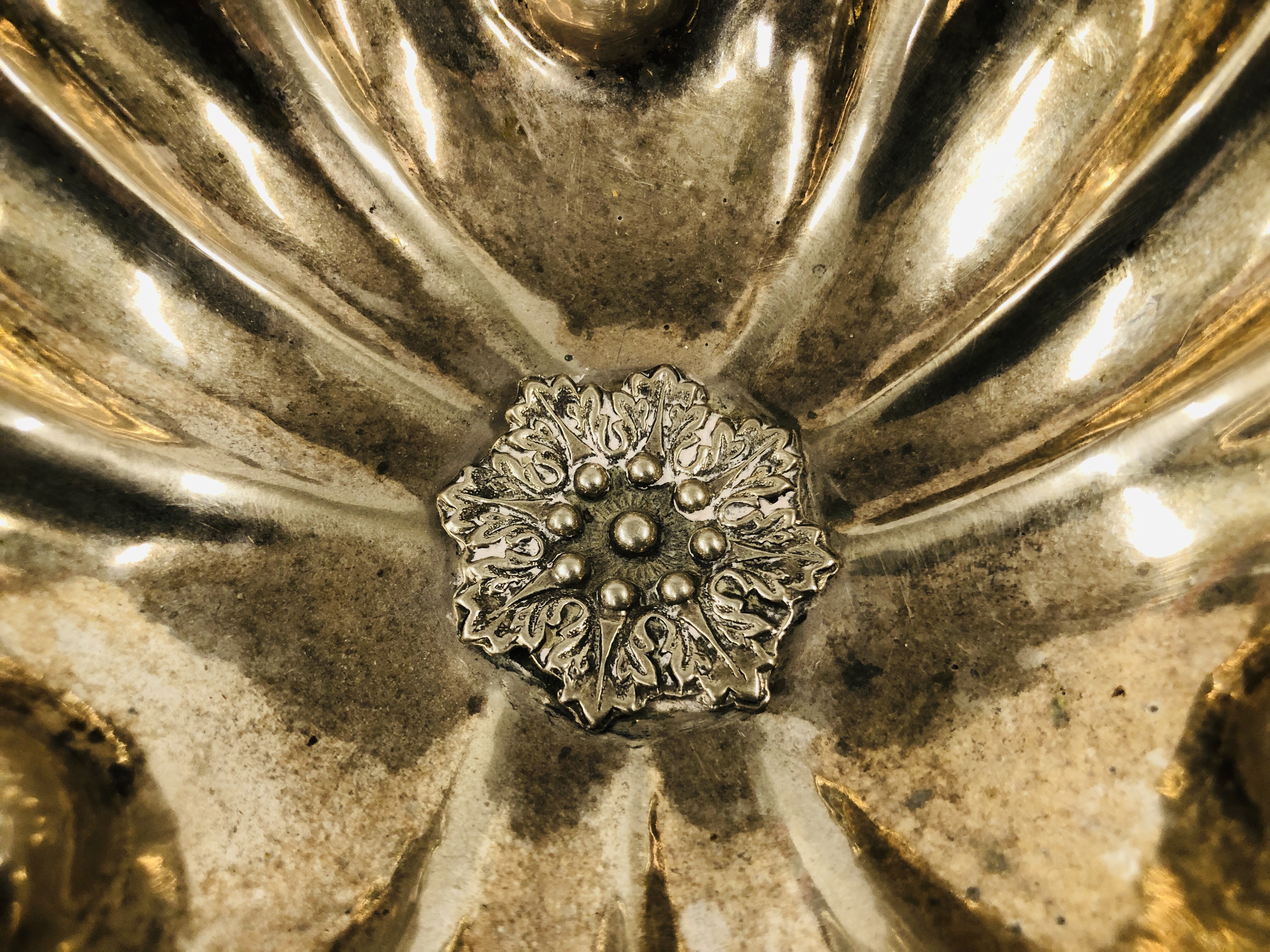 A CONTINENTAL WHITE METAL PEDESTAL SWEETMEAT DISH OF GADROONED FORM, - Image 3 of 13