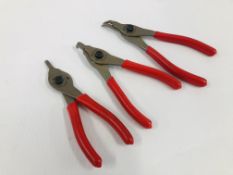 THREE PAIRS SNAP ON PLIERS SNAP RING PLIERS - SRPC4700, SRPC4790, SRPC7045.