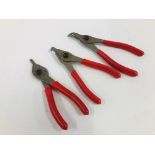 THREE PAIRS SNAP ON PLIERS SNAP RING PLIERS - SRPC4700, SRPC4790, SRPC7045.