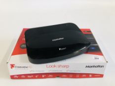 P. MANHATTEN FREEVIEW HD RECORDER ALONG WITH REMOTE AND ORIGINAL BOX - SOLD AS SEEN.