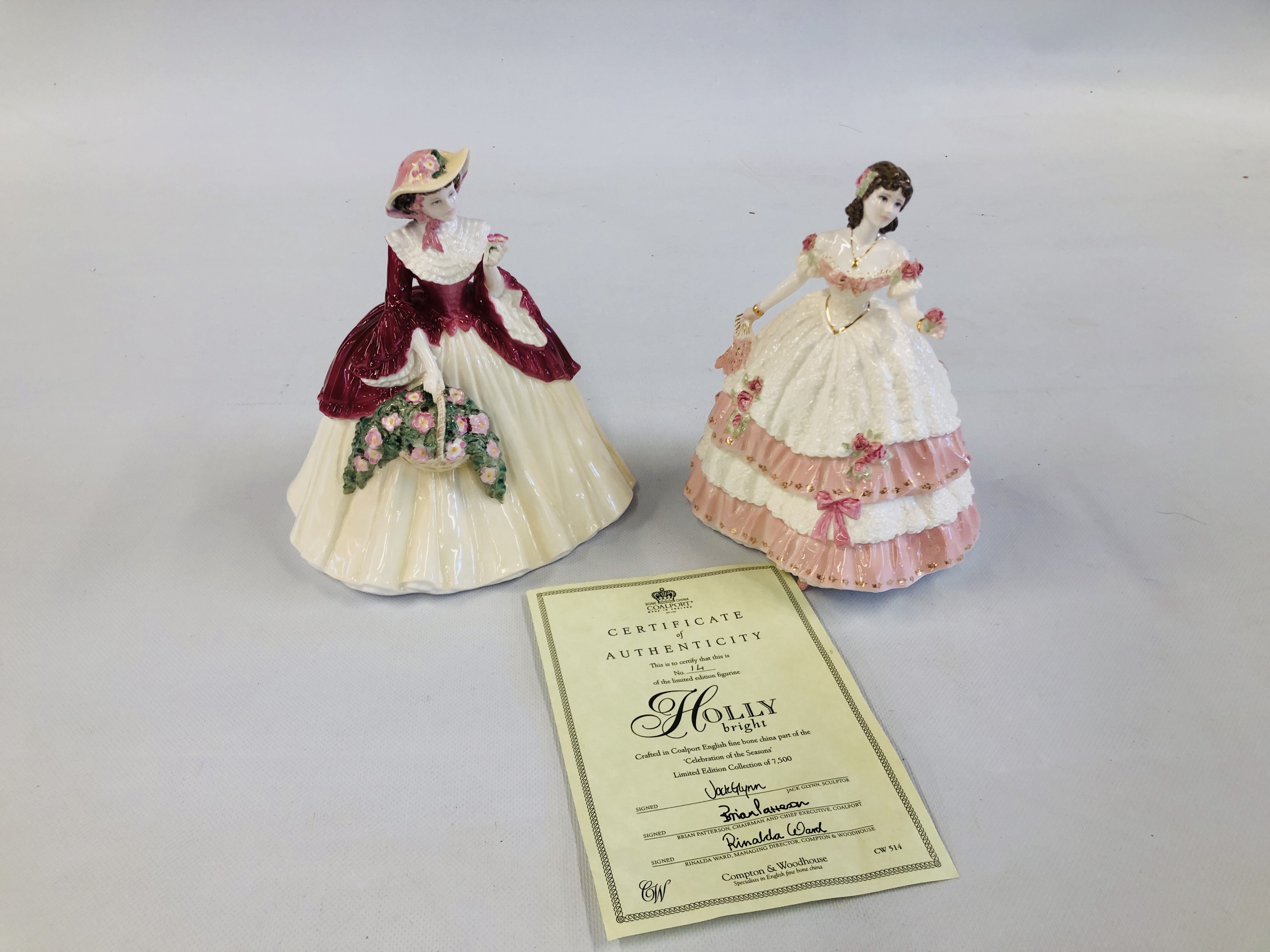 TWO COALPORT FIGURINES TO INCLUDE HOLLY BRIGHT CW514 14/7500 AND OLIVIA (A/F) CW321 No. 4.643.