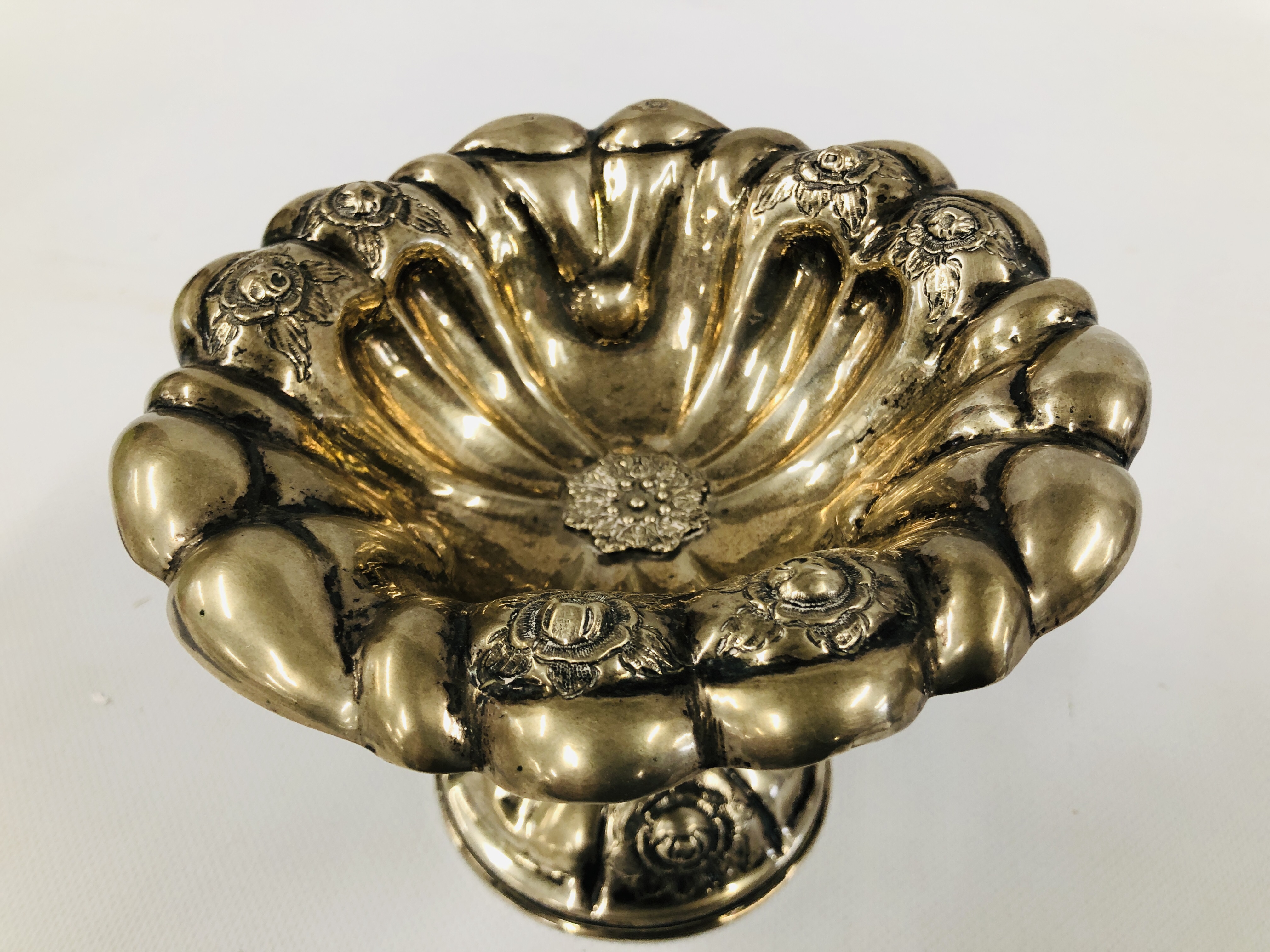 A CONTINENTAL WHITE METAL PEDESTAL SWEETMEAT DISH OF GADROONED FORM, - Image 9 of 13