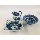 A BLUE AND WHITE IRONSTONE JUG AND BOWL ALONG WITH BLUE AND WHITE RECTANGULAR DISH.