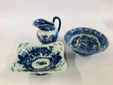 A BLUE AND WHITE IRONSTONE JUG AND BOWL ALONG WITH BLUE AND WHITE RECTANGULAR DISH.