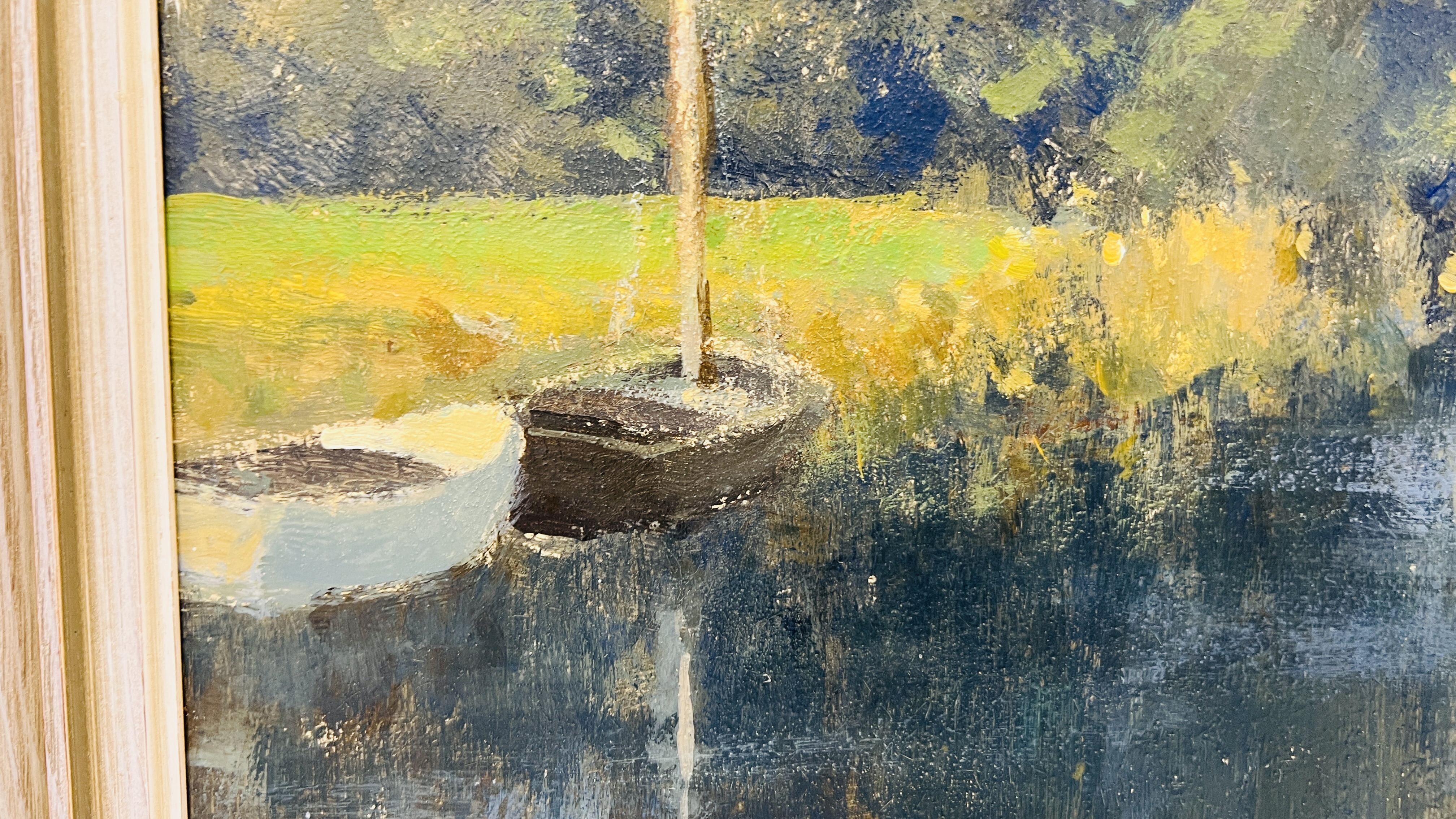 OIL ON BOARD "WEST SOMMERTON" RIVER SCENE BEARING SIGNATURE OWEN WATERS 37.5 X 49.5CM. - Image 3 of 5