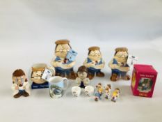 A COLLECTION OF WADE TETLEY CERAMIC STORAGE JARS AND FIGURES, SOME CONTAINING TEA BAGS,