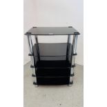A BLACK FINISH 5 TIER GLASS AUDIO SEPARATES STAND.