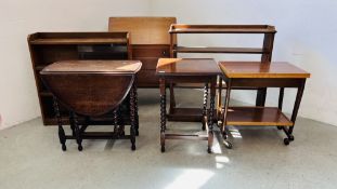 1960'S BUREAU, OAK OCCASIONAL TABLE WITH BARLEY TWIST LEGS,