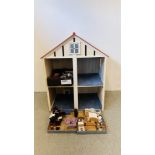 AN EXTENSIVE COLLECTION IN THREE BOXES OF DOLLS HOUSE FURNITURE AND ACCESSORIES ALONG WITH A LARGE