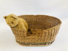 VINTAGE WICKER PET BASKET WITH OCCUPANT.