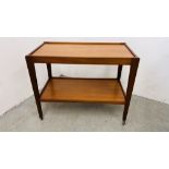 A MID CENTURY TEAK TWO TIER TROLLEY.