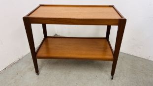 A MID CENTURY TEAK TWO TIER TROLLEY.