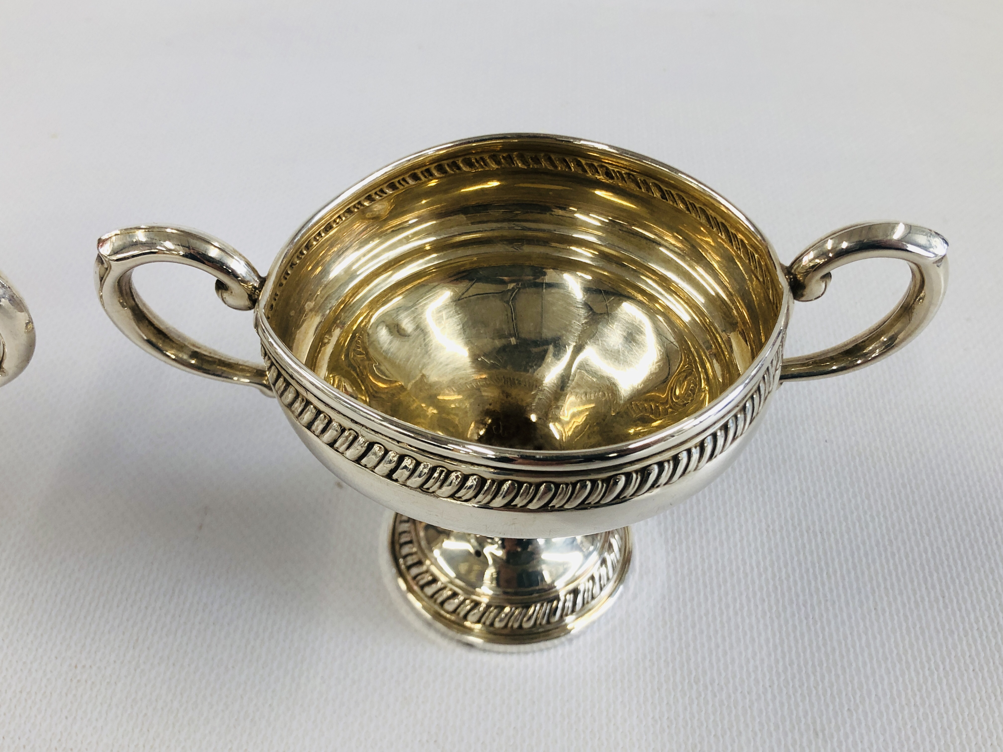 A DECORATIVE CREAM JUG AND MATCHING TWO HANDLED SUGAR BOWL MARKED "CROWN" STERLING. - Image 3 of 13