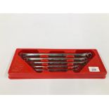 SET OF FIVE SNAP ON LONG 10 DEGREE OFFSET TORX WRENCHES E5-E20 IN PLASTIC CASE.