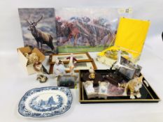 A GROUP OF CABINET ORNAMENTS TO INCLUDE CHINA ROYAL WORCESTER, TWO ROYAL DUX FIGURES,