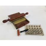 A VINTAGE WOODEN AND BRASS PILL PRESS ALONG WITH A FURTHER STAINLESS STEEL EXAMPLE AND A SMALL