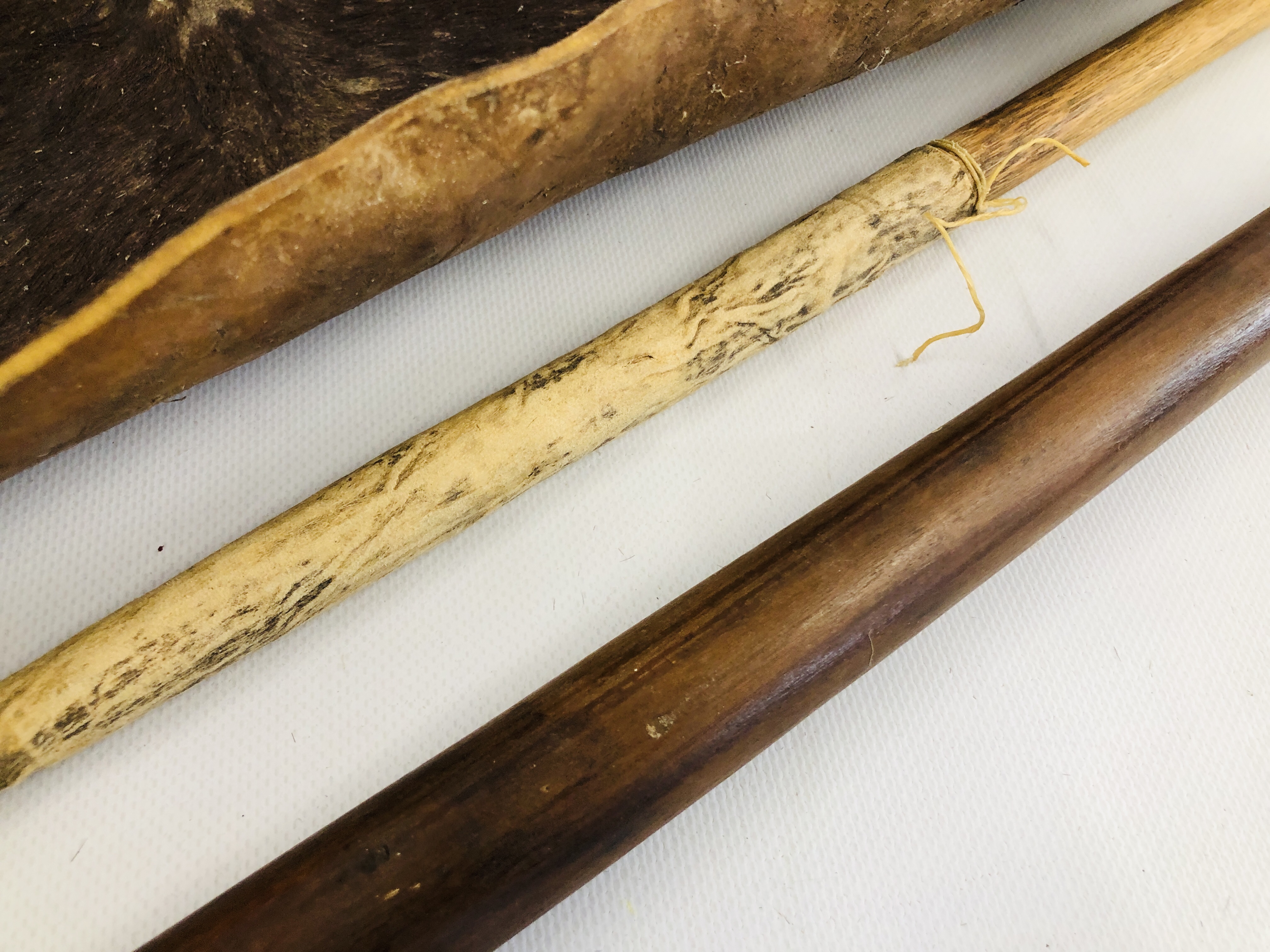 C19th LEATHER ZULU SHIELD ALONG WITH TWO THROWING SPEARS - THE SHIELD MEASURING 104 X 51CM ALONG - Image 7 of 15