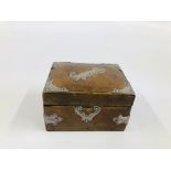 AN ANTIQUE BROWN LEATHER BOUND BOX WITH APPLIED SILVER DETAIL LONDON ASSAY,